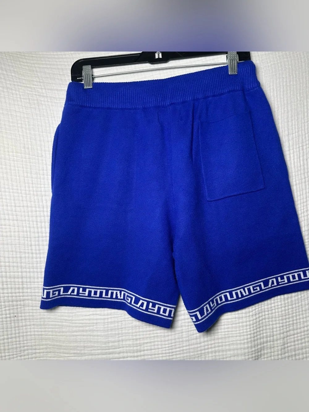YoungLA Hieroglyphic Knit Shorts 116 Royal Blue Mens LARGE L Greek Key Gym YLA
